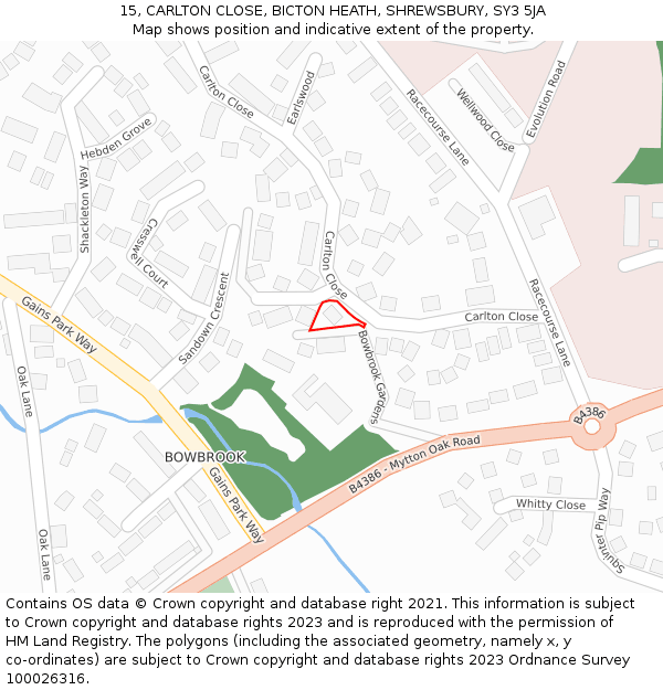 15, CARLTON CLOSE, BICTON HEATH, SHREWSBURY, SY3 5JA: Location map and indicative extent of plot