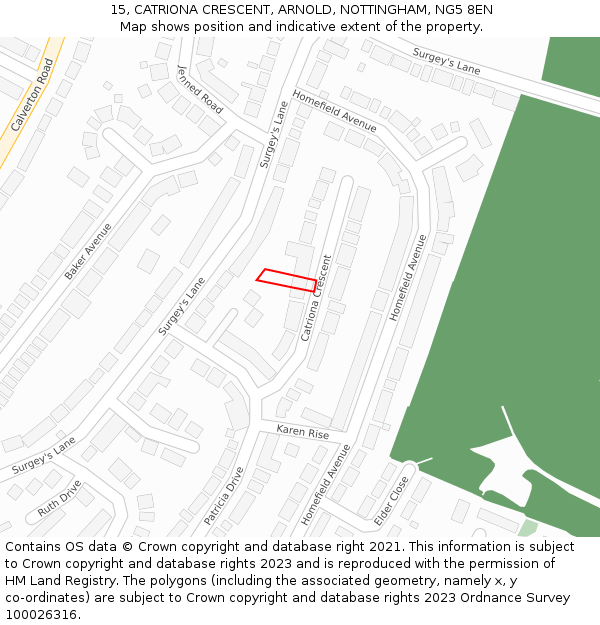 15, CATRIONA CRESCENT, ARNOLD, NOTTINGHAM, NG5 8EN: Location map and indicative extent of plot