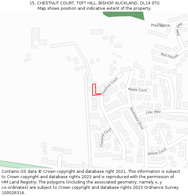 15, CHESTNUT COURT, TOFT HILL, BISHOP AUCKLAND, DL14 0TG: Location map and indicative extent of plot