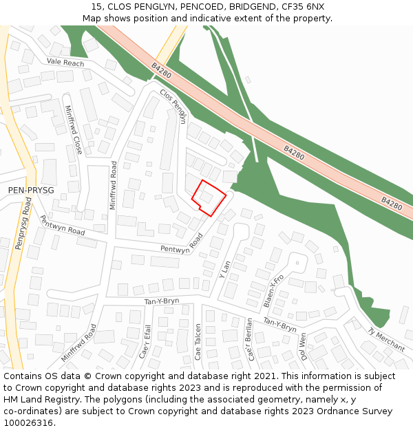 15, CLOS PENGLYN, PENCOED, BRIDGEND, CF35 6NX: Location map and indicative extent of plot