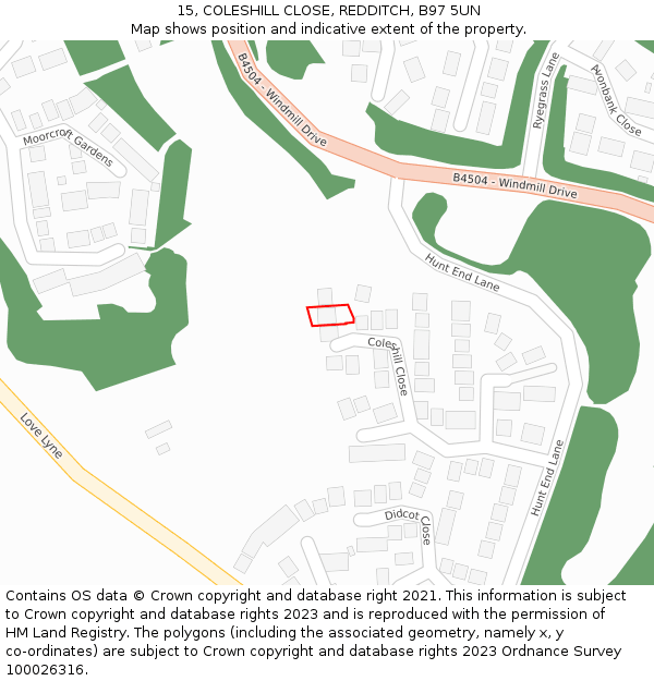 15, COLESHILL CLOSE, REDDITCH, B97 5UN: Location map and indicative extent of plot