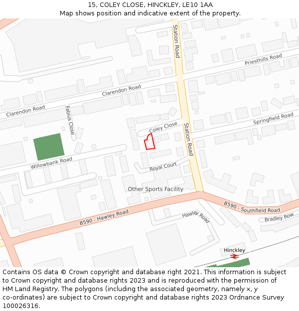 15, COLEY CLOSE, HINCKLEY, LE10 1AA: Location map and indicative extent of plot