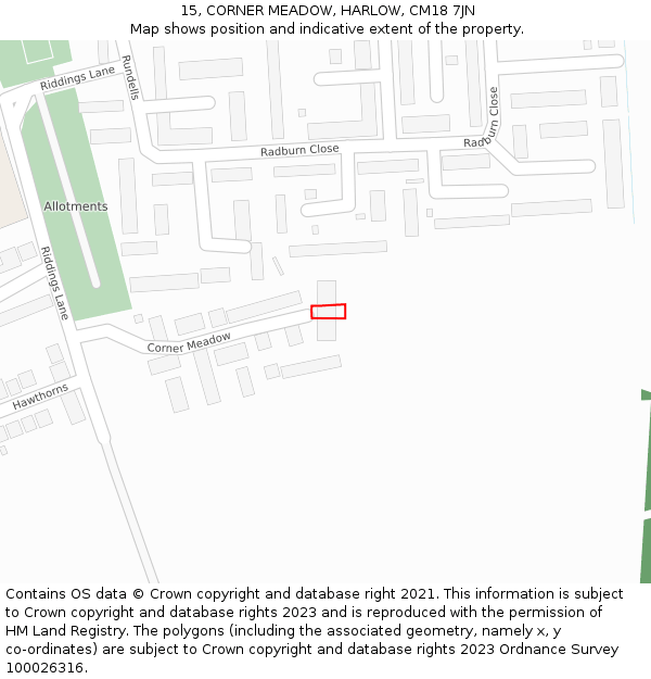 15, CORNER MEADOW, HARLOW, CM18 7JN: Location map and indicative extent of plot