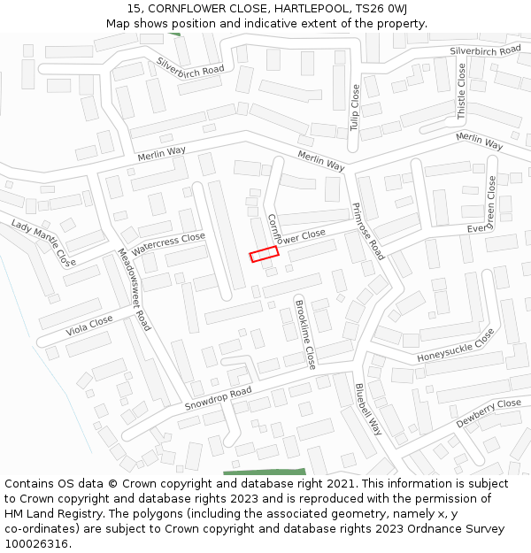 15, CORNFLOWER CLOSE, HARTLEPOOL, TS26 0WJ: Location map and indicative extent of plot