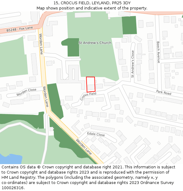 15, CROCUS FIELD, LEYLAND, PR25 3DY: Location map and indicative extent of plot