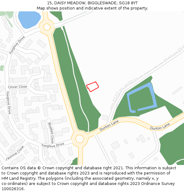 15, DAISY MEADOW, BIGGLESWADE, SG18 8YT: Location map and indicative extent of plot