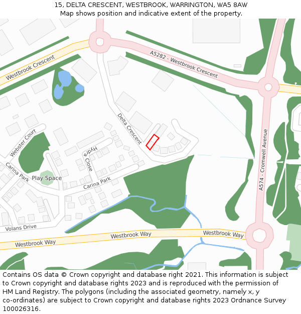 15, DELTA CRESCENT, WESTBROOK, WARRINGTON, WA5 8AW: Location map and indicative extent of plot