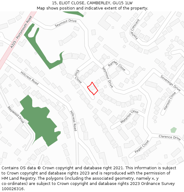 15, ELIOT CLOSE, CAMBERLEY, GU15 1LW: Location map and indicative extent of plot