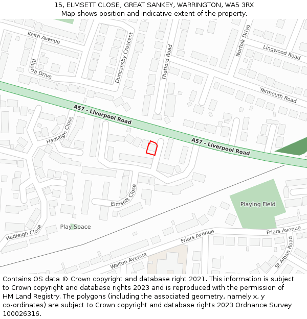 15, ELMSETT CLOSE, GREAT SANKEY, WARRINGTON, WA5 3RX: Location map and indicative extent of plot