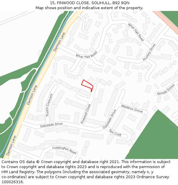 15, FINWOOD CLOSE, SOLIHULL, B92 9QN: Location map and indicative extent of plot