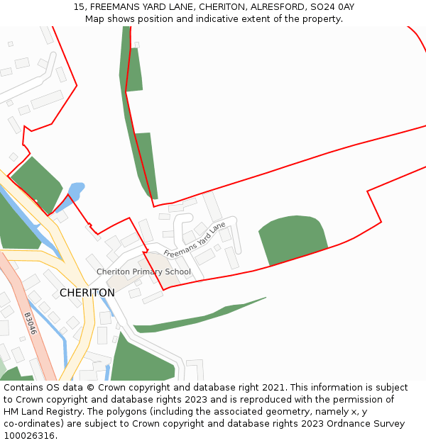 15, FREEMANS YARD LANE, CHERITON, ALRESFORD, SO24 0AY: Location map and indicative extent of plot