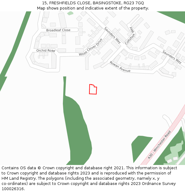 15, FRESHFIELDS CLOSE, BASINGSTOKE, RG23 7GQ: Location map and indicative extent of plot