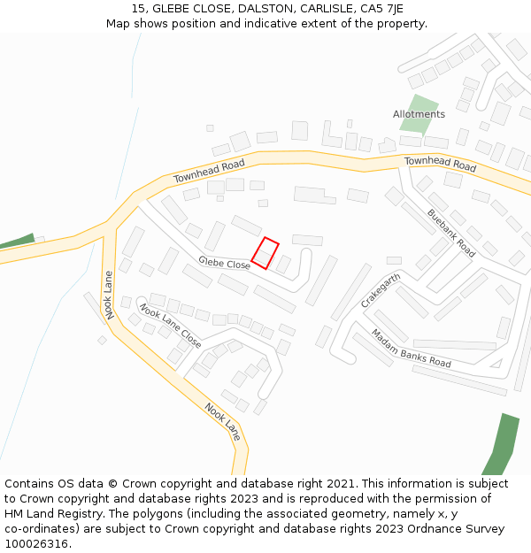 15, GLEBE CLOSE, DALSTON, CARLISLE, CA5 7JE: Location map and indicative extent of plot