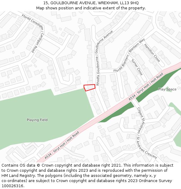 15, GOULBOURNE AVENUE, WREXHAM, LL13 9HQ: Location map and indicative extent of plot