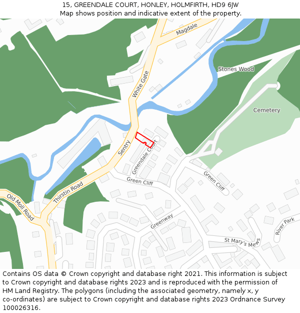 15, GREENDALE COURT, HONLEY, HOLMFIRTH, HD9 6JW: Location map and indicative extent of plot