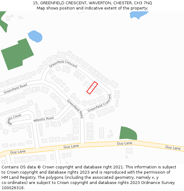 15, GREENFIELD CRESCENT, WAVERTON, CHESTER, CH3 7NQ: Location map and indicative extent of plot