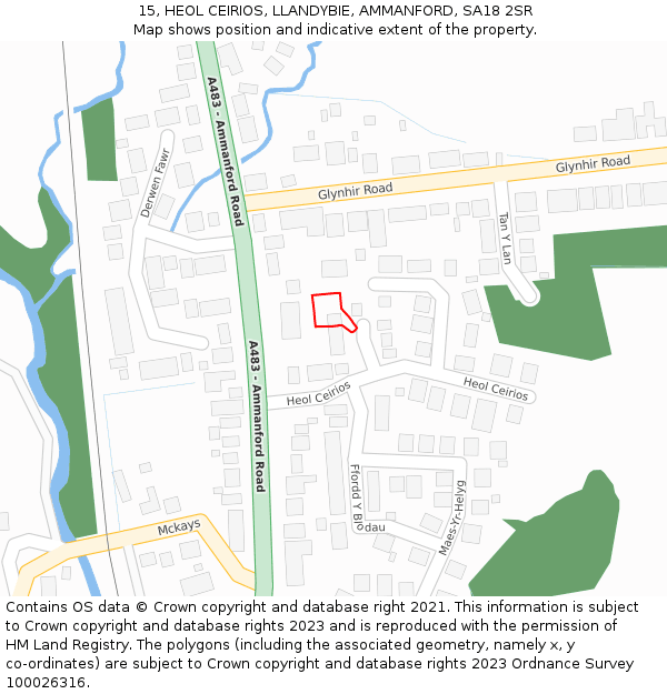 15, HEOL CEIRIOS, LLANDYBIE, AMMANFORD, SA18 2SR: Location map and indicative extent of plot