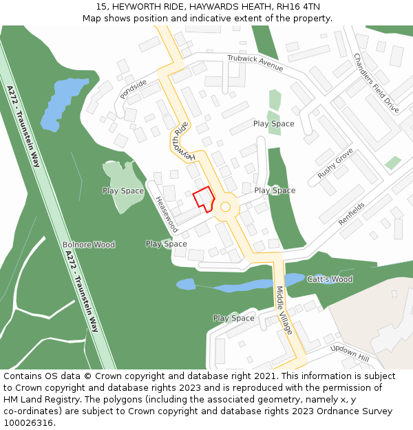 15, HEYWORTH RIDE, HAYWARDS HEATH, RH16 4TN: Location map and indicative extent of plot