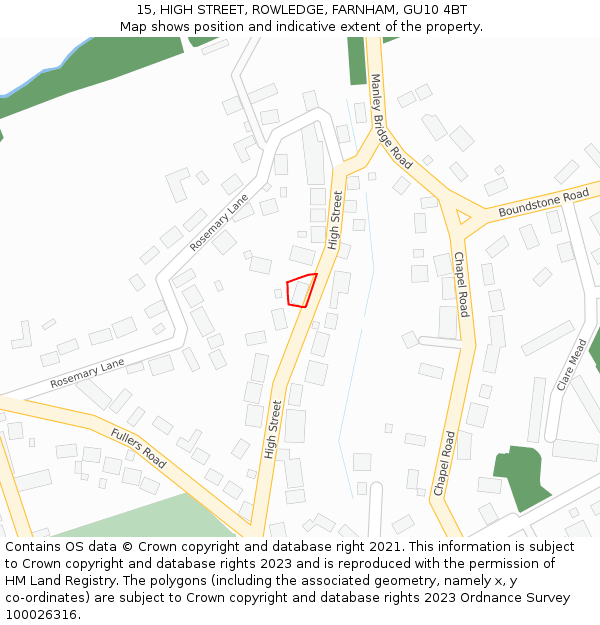 15, HIGH STREET, ROWLEDGE, FARNHAM, GU10 4BT: Location map and indicative extent of plot