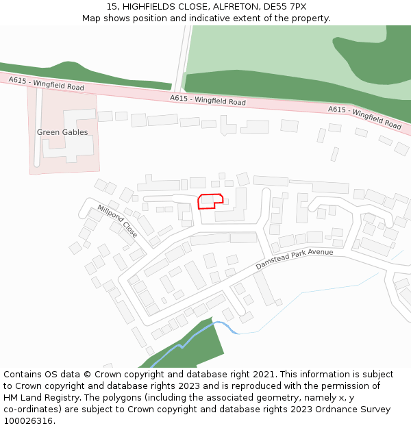 15, HIGHFIELDS CLOSE, ALFRETON, DE55 7PX: Location map and indicative extent of plot