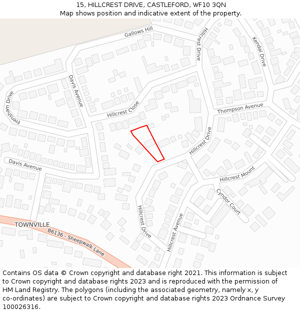 15, HILLCREST DRIVE, CASTLEFORD, WF10 3QN: Location map and indicative extent of plot