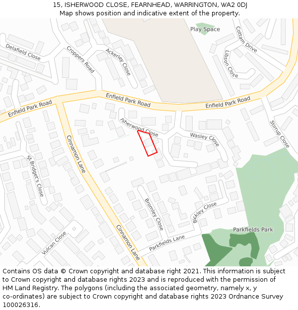 15, ISHERWOOD CLOSE, FEARNHEAD, WARRINGTON, WA2 0DJ: Location map and indicative extent of plot