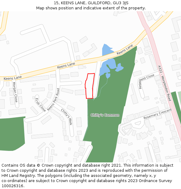 15, KEENS LANE, GUILDFORD, GU3 3JS: Location map and indicative extent of plot