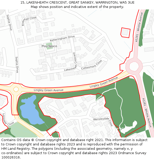 15, LAKENHEATH CRESCENT, GREAT SANKEY, WARRINGTON, WA5 3UE: Location map and indicative extent of plot