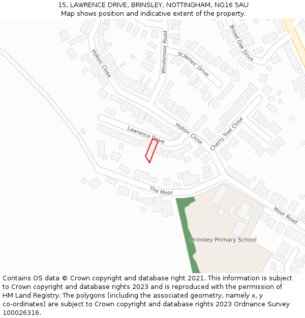 15, LAWRENCE DRIVE, BRINSLEY, NOTTINGHAM, NG16 5AU: Location map and indicative extent of plot