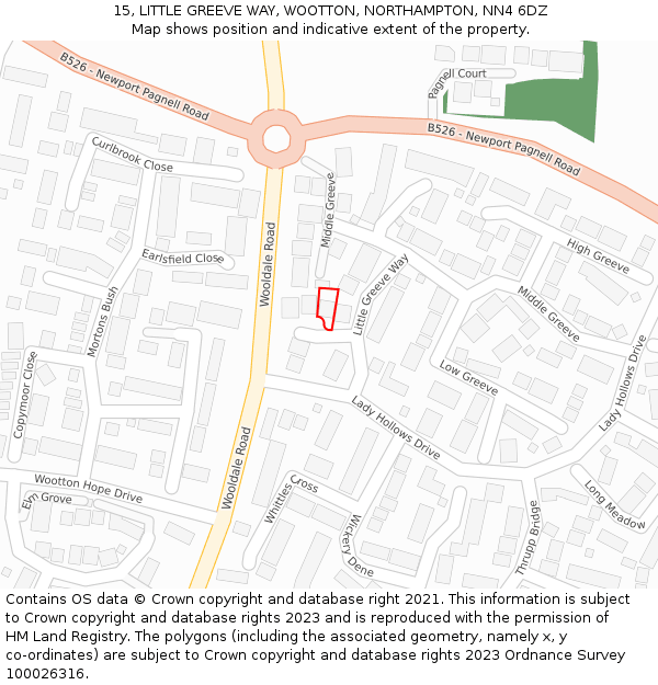 15, LITTLE GREEVE WAY, WOOTTON, NORTHAMPTON, NN4 6DZ: Location map and indicative extent of plot