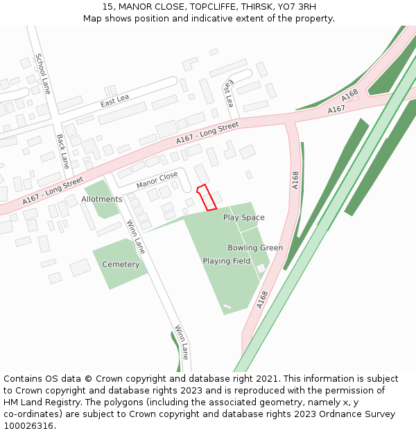 15, MANOR CLOSE, TOPCLIFFE, THIRSK, YO7 3RH: Location map and indicative extent of plot