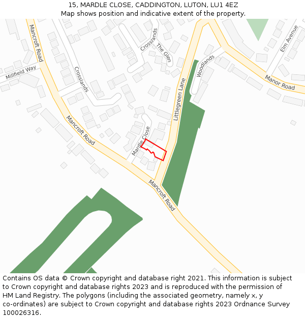 15, MARDLE CLOSE, CADDINGTON, LUTON, LU1 4EZ: Location map and indicative extent of plot