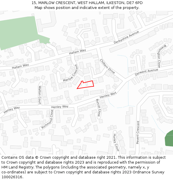 15, MARLOW CRESCENT, WEST HALLAM, ILKESTON, DE7 6PD: Location map and indicative extent of plot