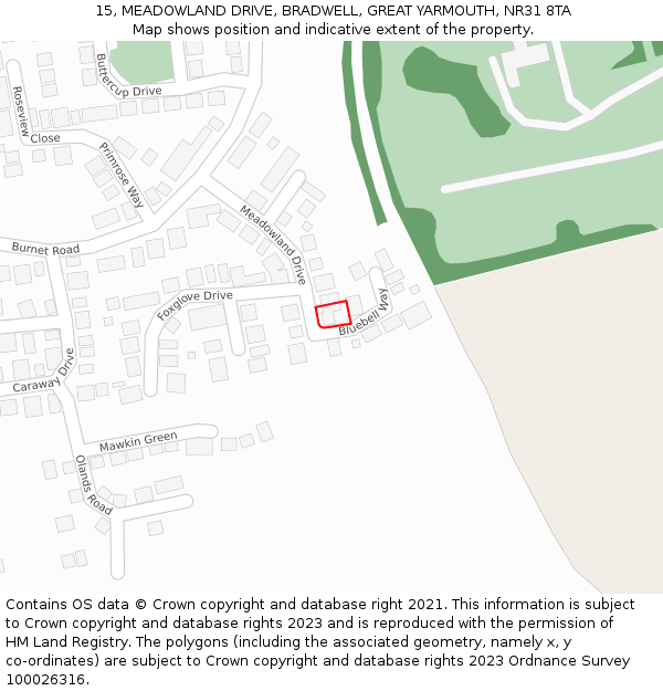 15, MEADOWLAND DRIVE, BRADWELL, GREAT YARMOUTH, NR31 8TA: Location map and indicative extent of plot