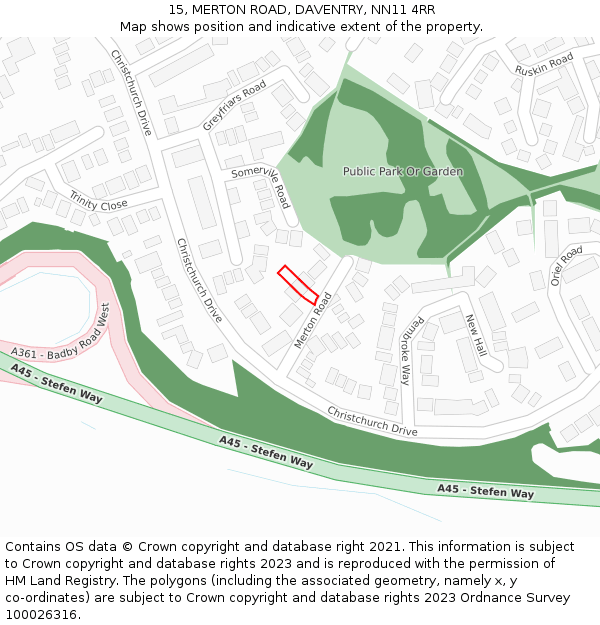 15, MERTON ROAD, DAVENTRY, NN11 4RR: Location map and indicative extent of plot