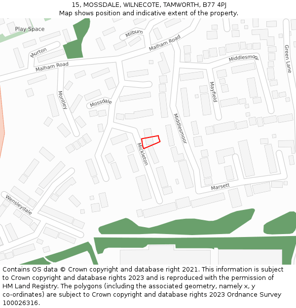 15, MOSSDALE, WILNECOTE, TAMWORTH, B77 4PJ: Location map and indicative extent of plot