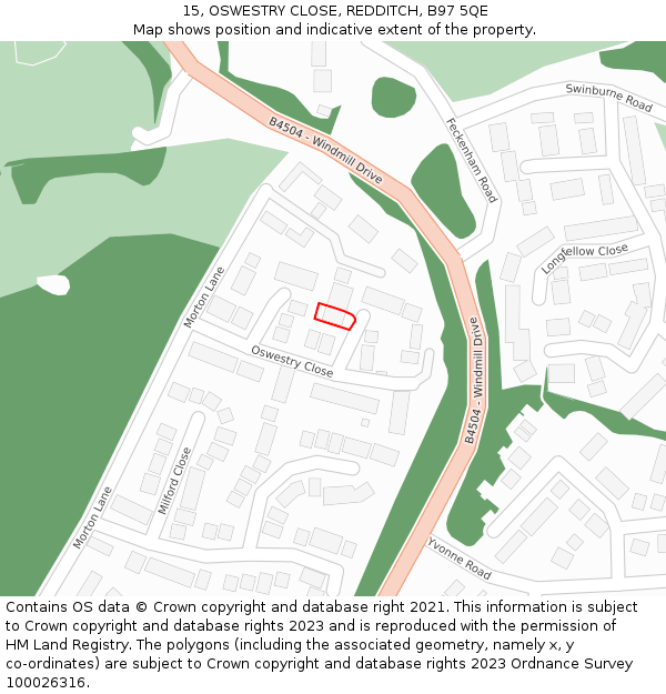 15, OSWESTRY CLOSE, REDDITCH, B97 5QE: Location map and indicative extent of plot