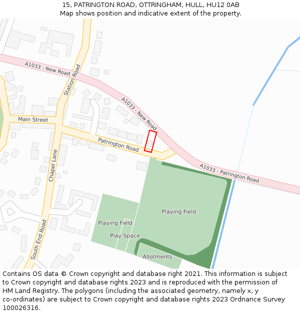 15, PATRINGTON ROAD, OTTRINGHAM, HULL, HU12 0AB: Location map and indicative extent of plot