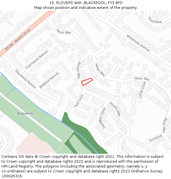 15, PLOVERS WAY, BLACKPOOL, FY3 8FD: Location map and indicative extent of plot