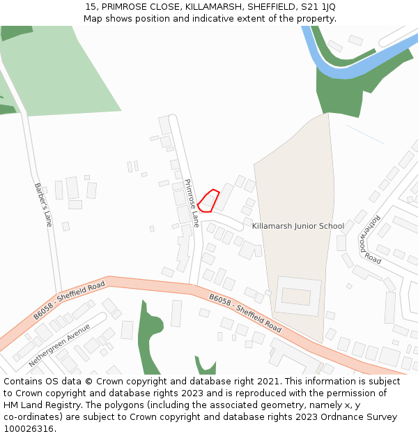 15, PRIMROSE CLOSE, KILLAMARSH, SHEFFIELD, S21 1JQ: Location map and indicative extent of plot