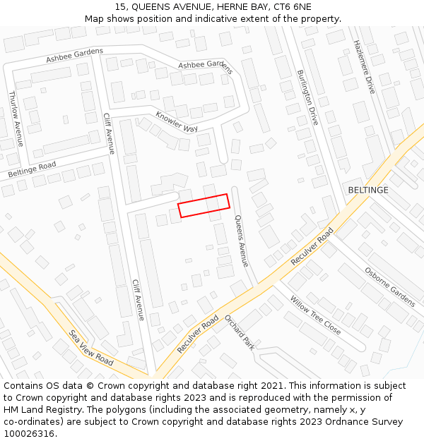 15, QUEENS AVENUE, HERNE BAY, CT6 6NE: Location map and indicative extent of plot