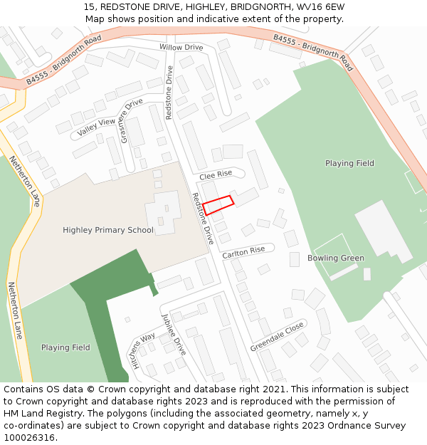 15, REDSTONE DRIVE, HIGHLEY, BRIDGNORTH, WV16 6EW: Location map and indicative extent of plot