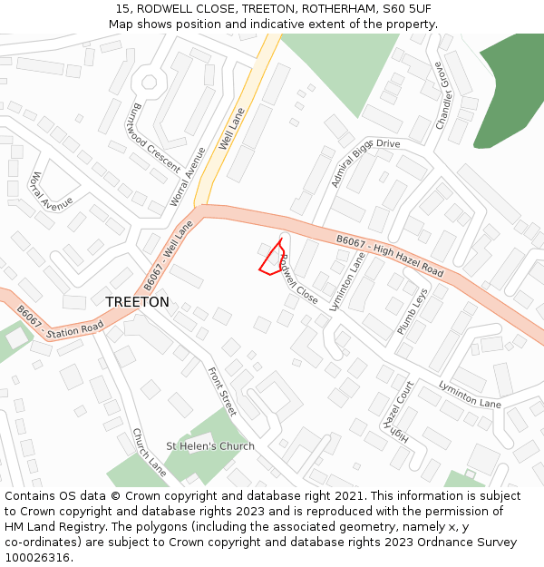 15, RODWELL CLOSE, TREETON, ROTHERHAM, S60 5UF: Location map and indicative extent of plot