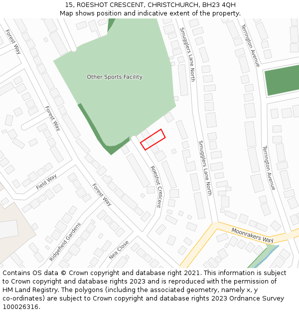 15, ROESHOT CRESCENT, CHRISTCHURCH, BH23 4QH: Location map and indicative extent of plot