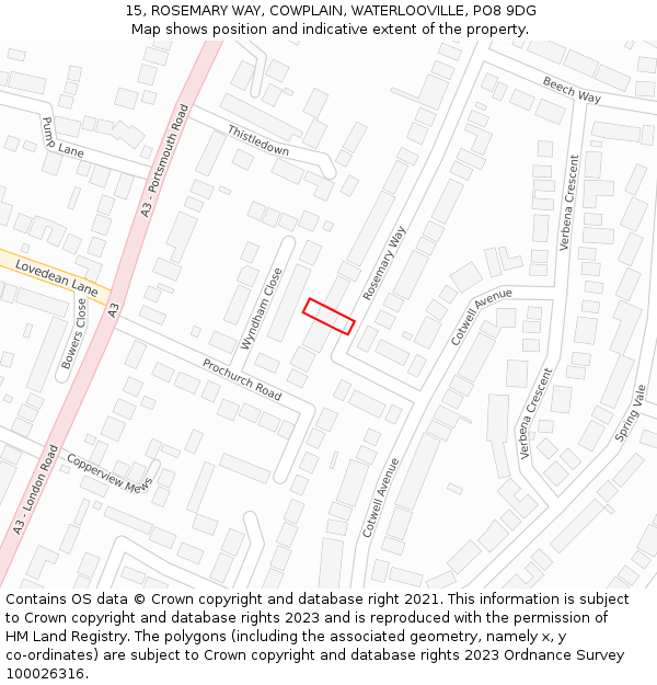 15, ROSEMARY WAY, COWPLAIN, WATERLOOVILLE, PO8 9DG: Location map and indicative extent of plot