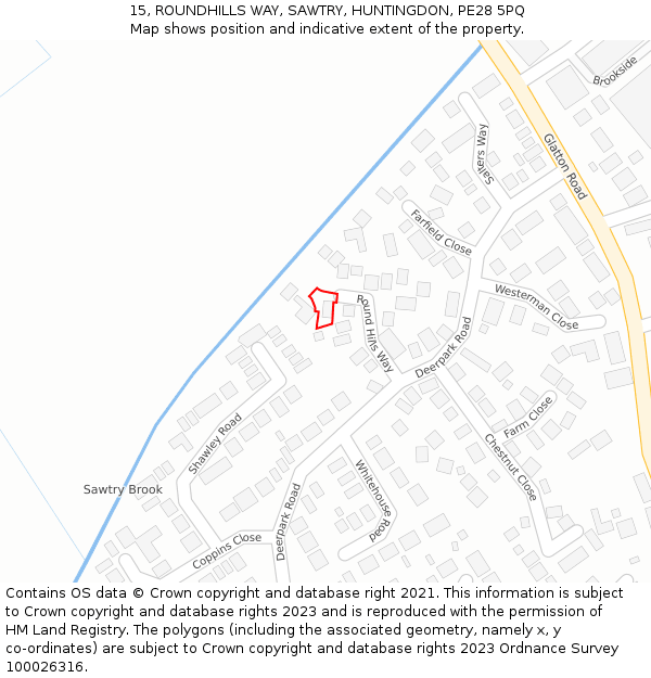 15, ROUNDHILLS WAY, SAWTRY, HUNTINGDON, PE28 5PQ: Location map and indicative extent of plot