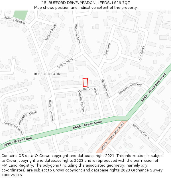 15, RUFFORD DRIVE, YEADON, LEEDS, LS19 7QZ: Location map and indicative extent of plot