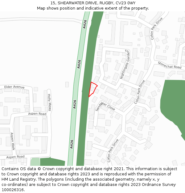 15, SHEARWATER DRIVE, RUGBY, CV23 0WY: Location map and indicative extent of plot