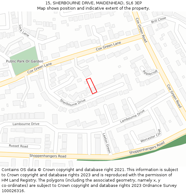 15, SHERBOURNE DRIVE, MAIDENHEAD, SL6 3EP: Location map and indicative extent of plot