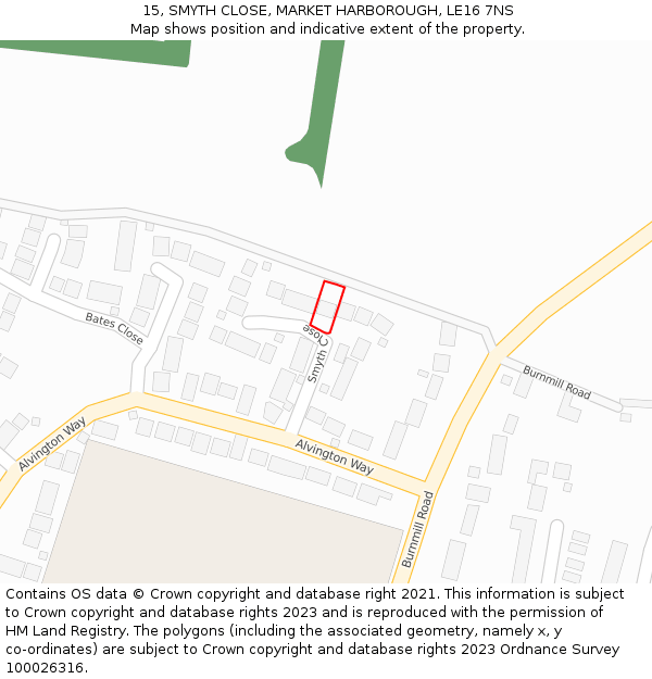 15, SMYTH CLOSE, MARKET HARBOROUGH, LE16 7NS: Location map and indicative extent of plot